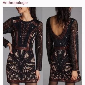 Anthropologie Let Me Be Beaded Sequin Mini Dress Medium Copper Gold Black 🖤🤎
